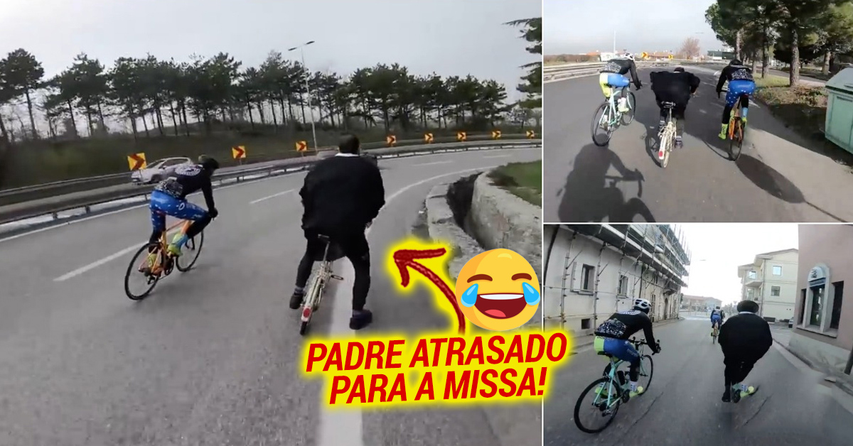 Padre atrasado para a missa entra em corrida com grupo de ciclistas