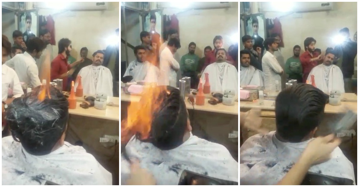 Cabeleireiro incendeia o cabelo do cliente para lhe fazer um penteado