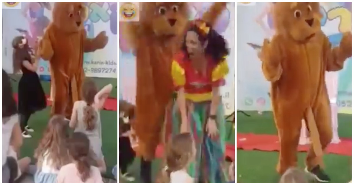 Mascote comete o erro de vestir as calças ao contrário em festa infantil